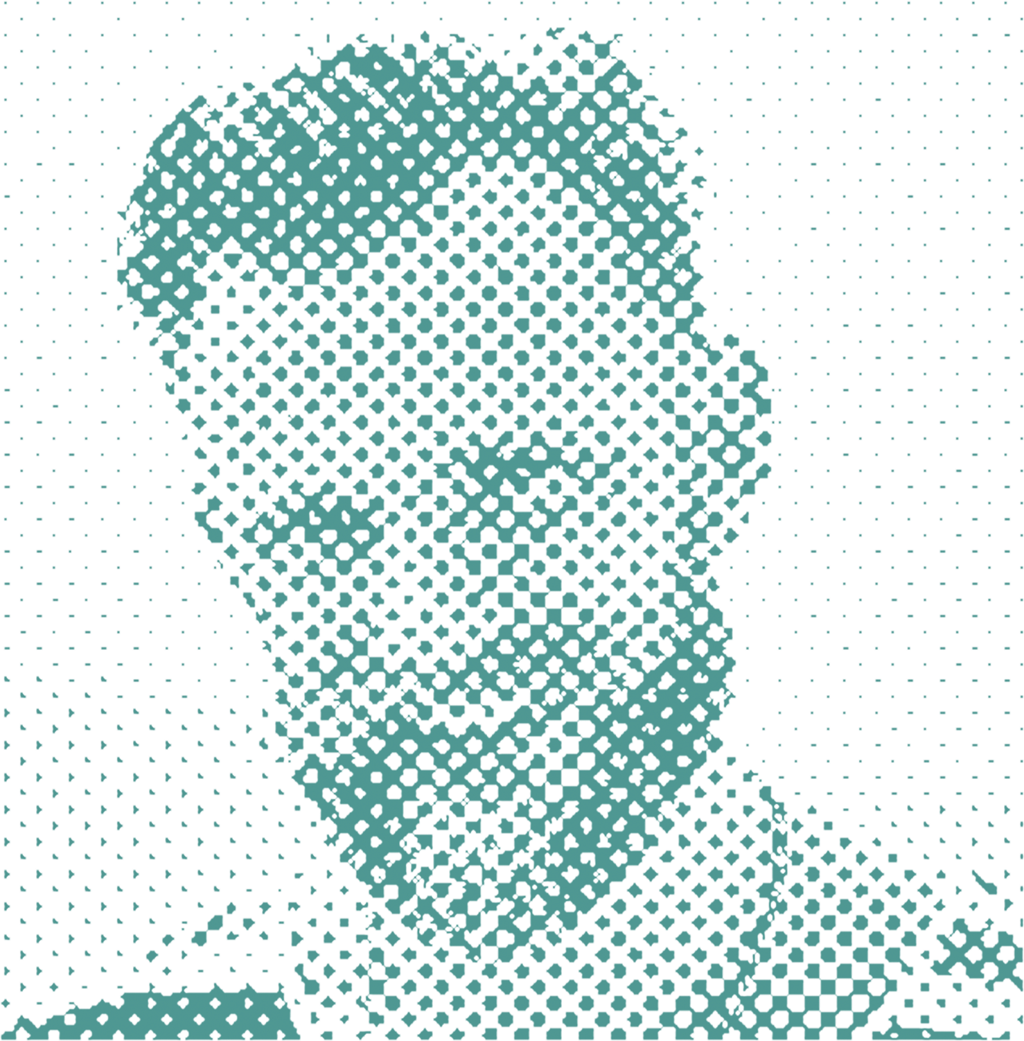A halftone portrait of a person, made of green dots on a white background.