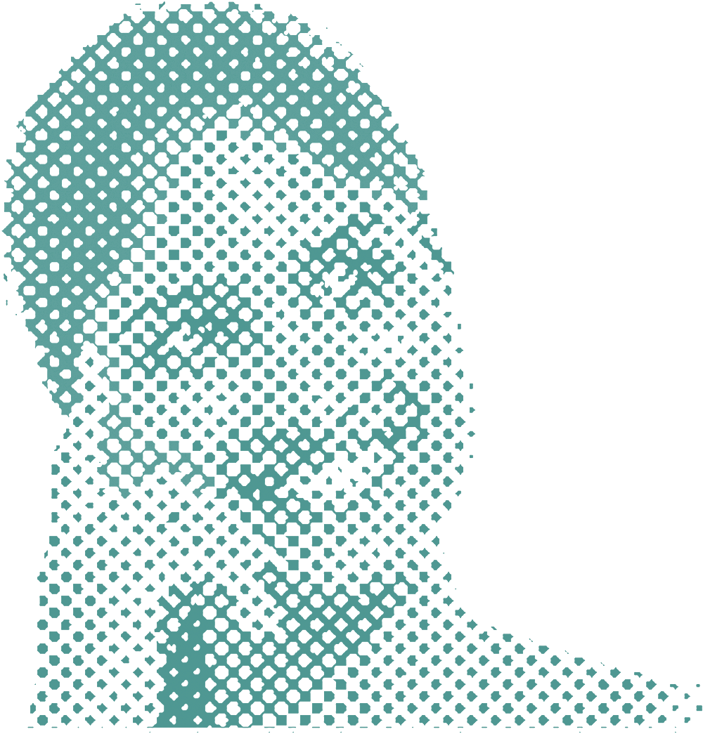 A stylized portrait of a person in raster technique, composed of green dots on a white background.