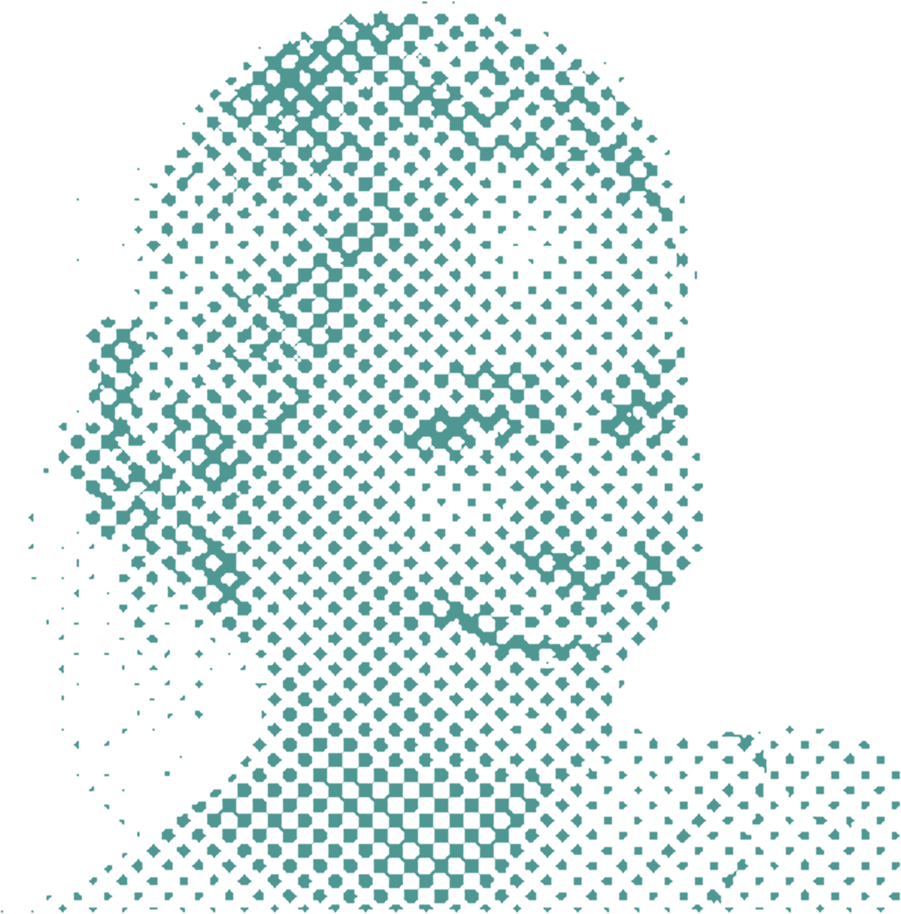 Abstract portrait of a person in a halftone style, composed of green dots on a white background.
