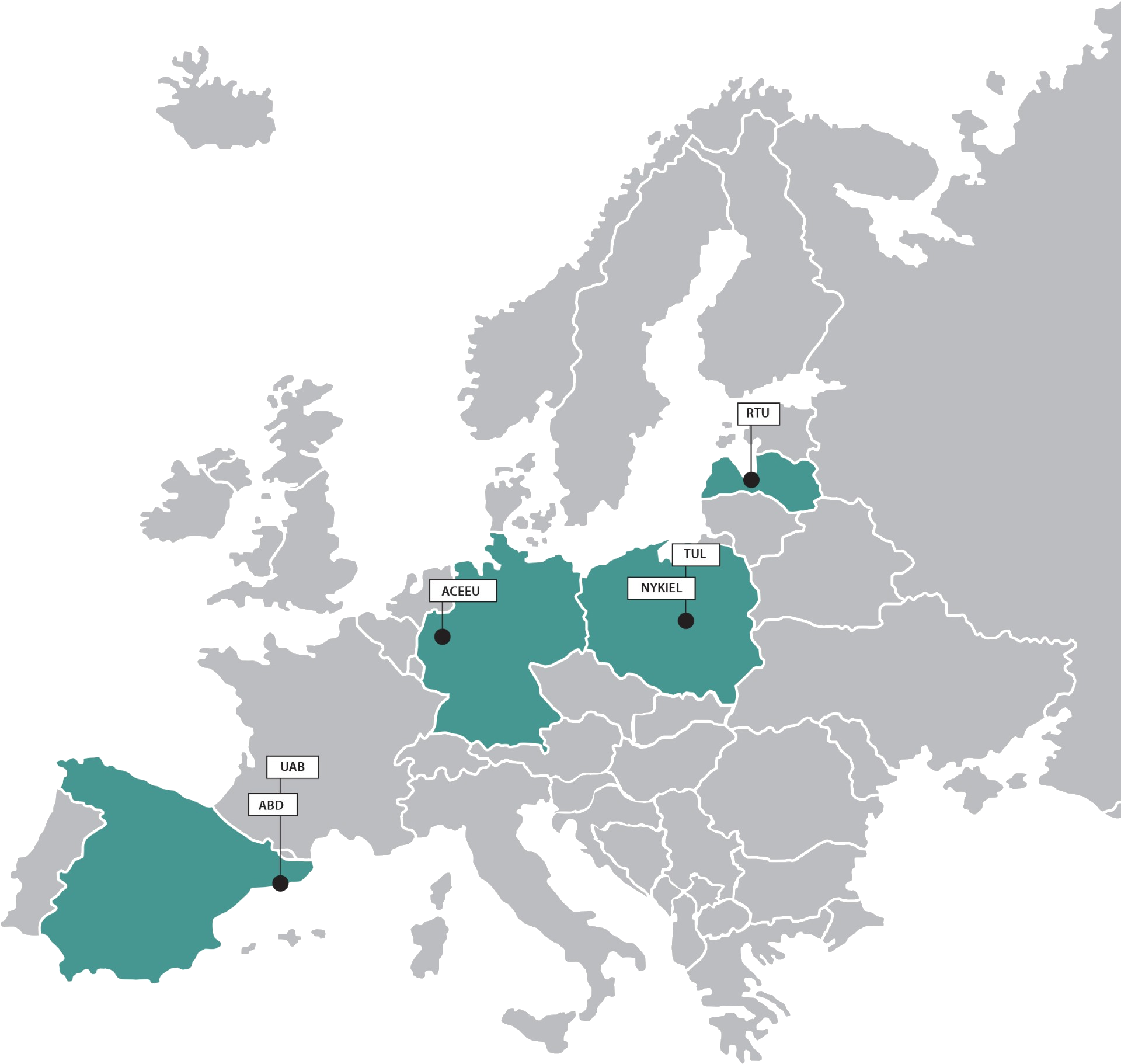 Map of Europe with locations of partners