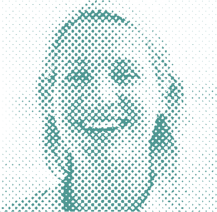 A graphic depicting a stylized portrait of a person in a raster technique composed of green dots on a white background.